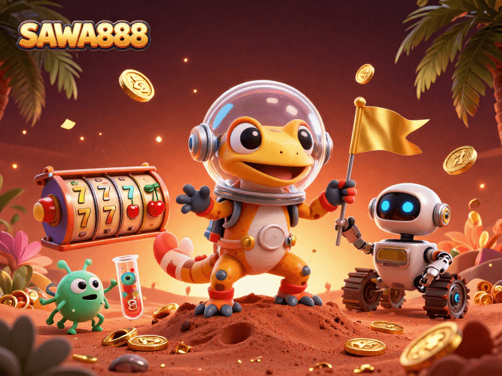 SAWA888 showcases a Martian gecko discovering a hidden casino, enriching the gaming experience.