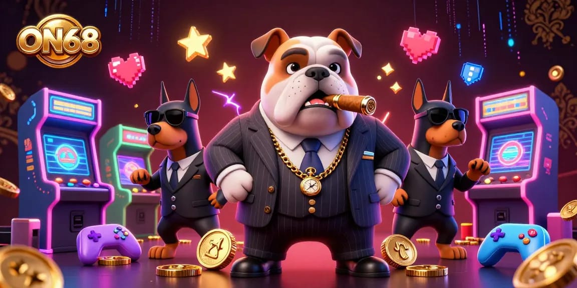 Engage with the thrill of ON68 as the mafia boss oversees colorful arcade games and casino action.
