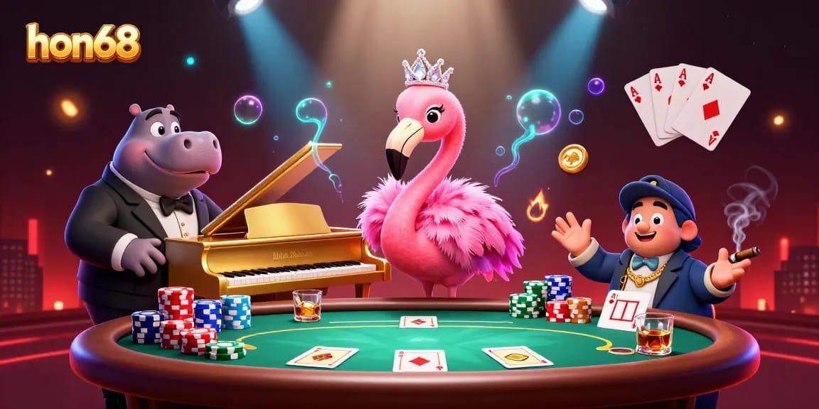 Experience hon68's vibrant casino ambiance with a flamingo performer and hippo bassist.