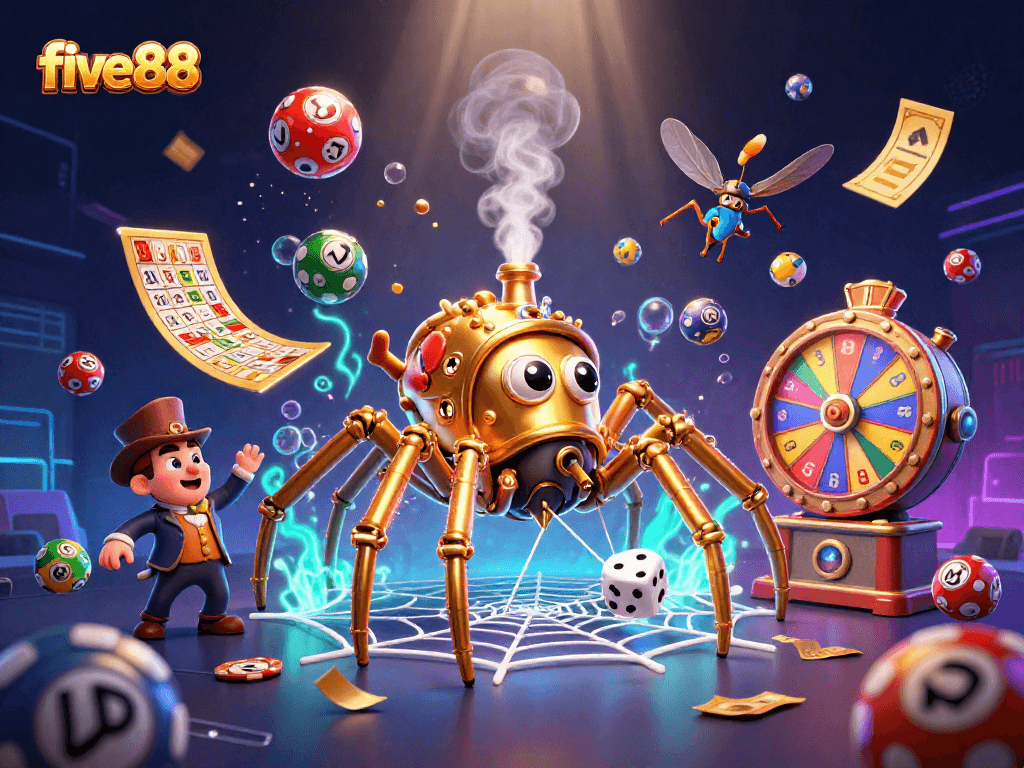 Catch exciting moments at five 88 with a colorful scene of gambling fun featuring vibrant lottery elements.