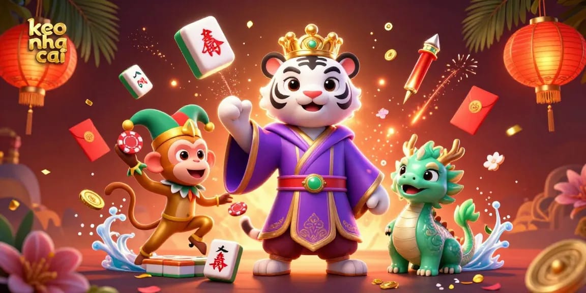 Engage with keo nha cai through vibrant 3D illustration showcasing a royal tiger, jester monkey, and jade dragon.