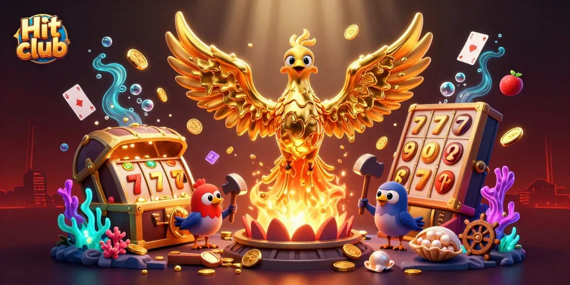 Win big at Hit club with a dynamic 3D casino scene featuring molten phoenix, sparrow assistants, and slot elements.