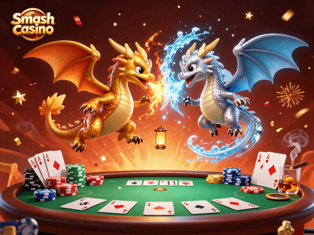 Experience the thrill of gaming at Smash casino with dynamic scenes of dragons and poker elements.