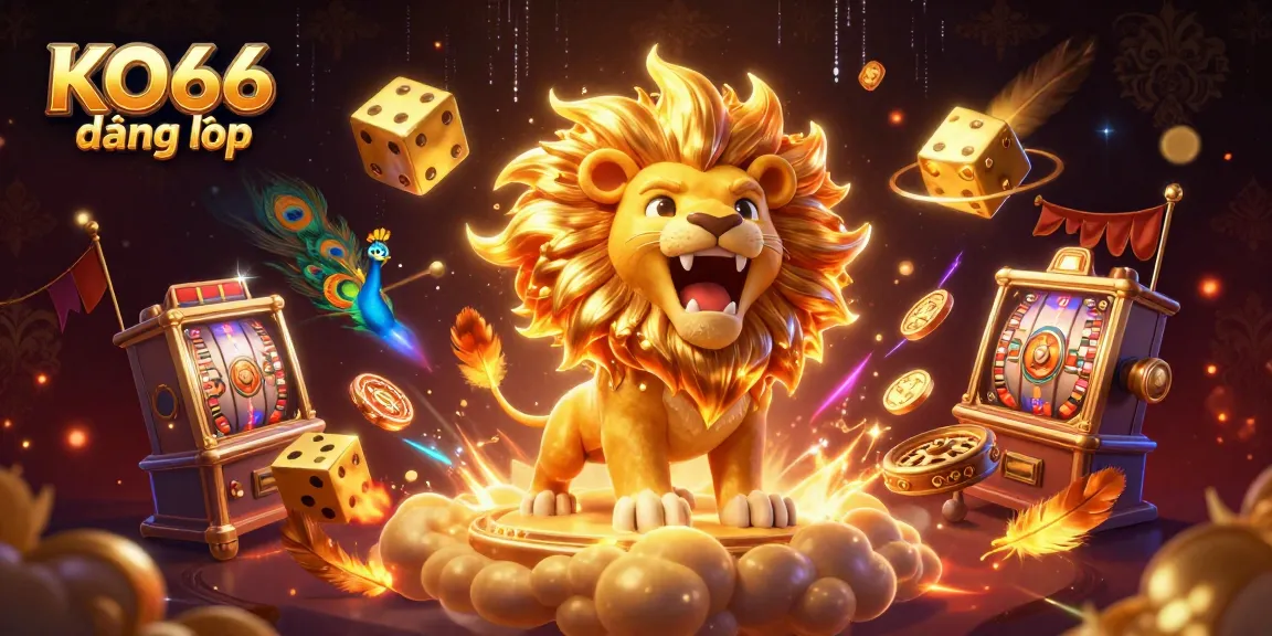 Experience the excitement of KO66 đăng nhập, featuring vibrant casino elements and a roaring sun lion on a dynamic stage.