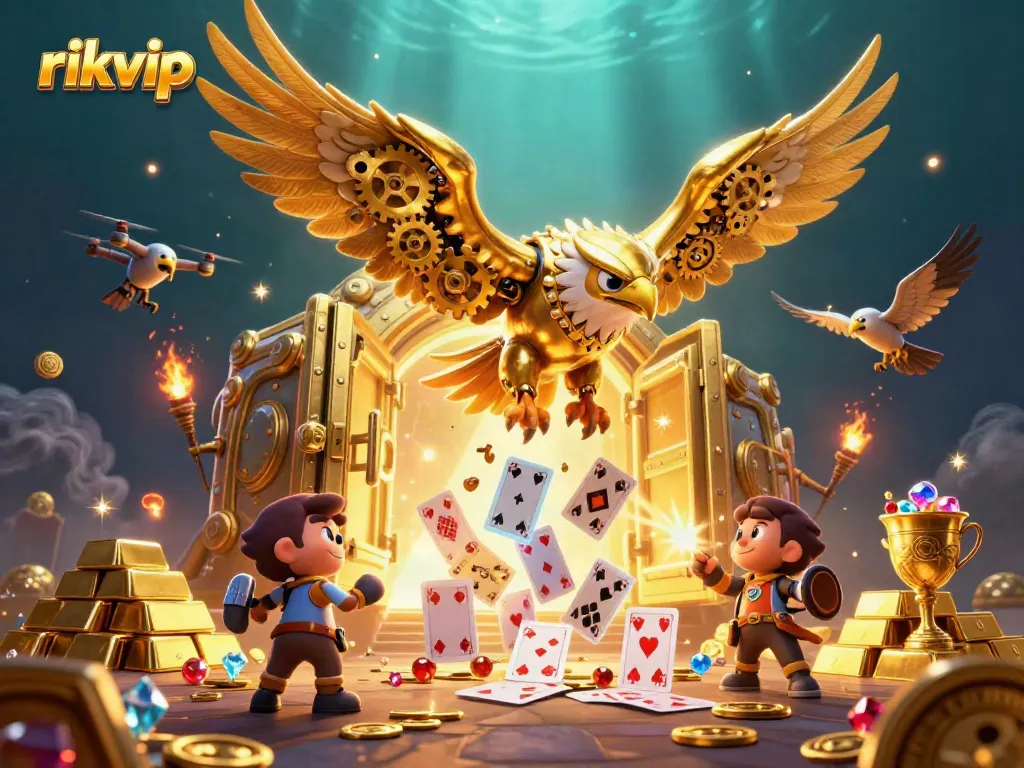 Experience the thrill of rikvip as a cybernetic eagle dives through radiant playing cards and treasures.