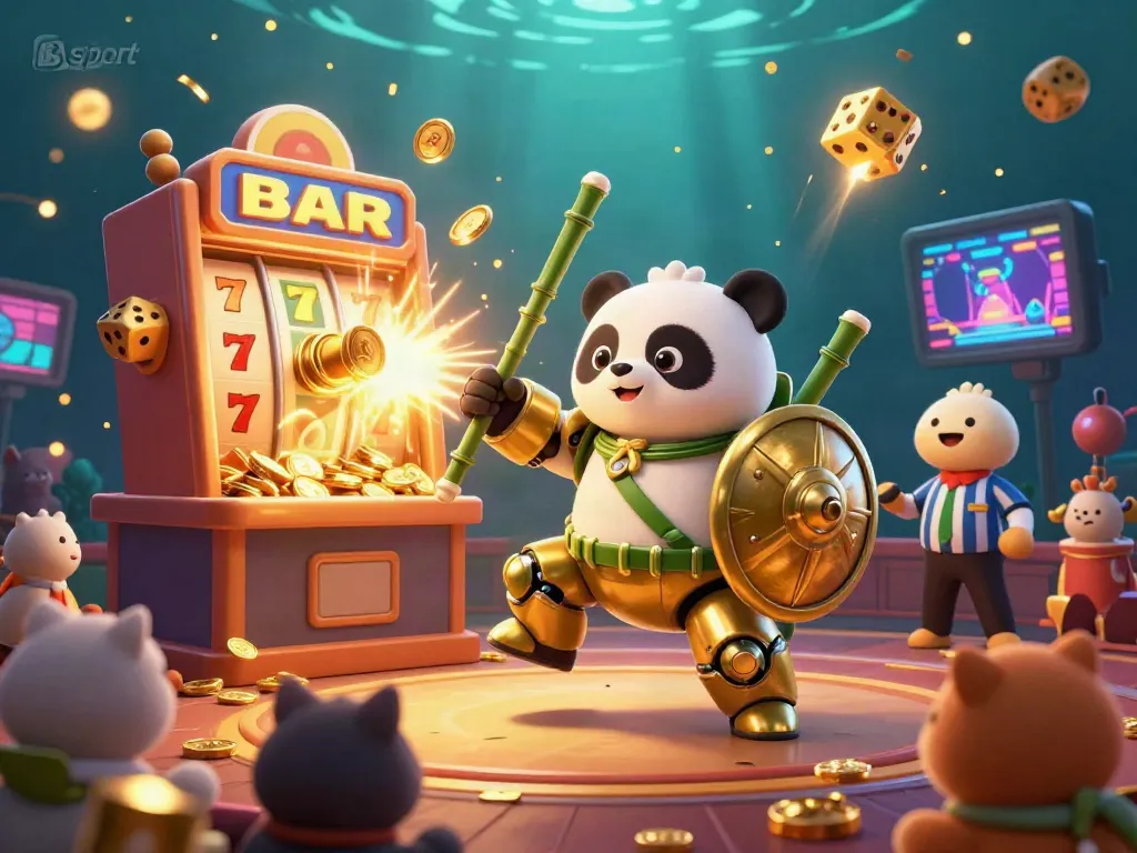 B sport showcases an exciting casino scene with a golden panda in a mech suit celebrating a jackpot.