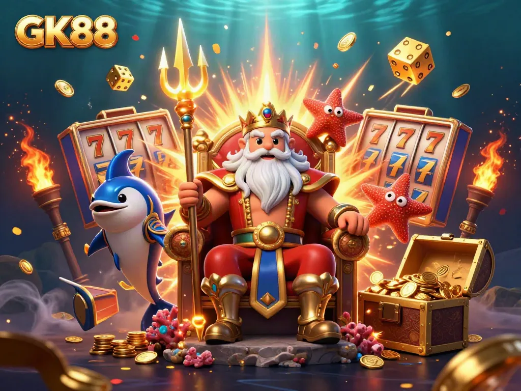Experience GK88's thrilling jackpot with Neptune, a samurai, and golden treasures in a vibrant casino scene.