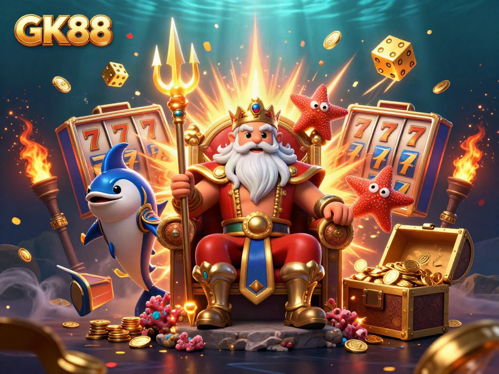 Experience GK88's thrilling jackpot with Neptune, a samurai, and golden treasures in a vibrant casino scene.