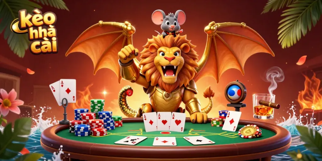 Experience the excitement of kèo nhà cái as golden-armored chimera roars triumphantly while a brave mouse jockey rides, surrounded by vibrant poker elements.