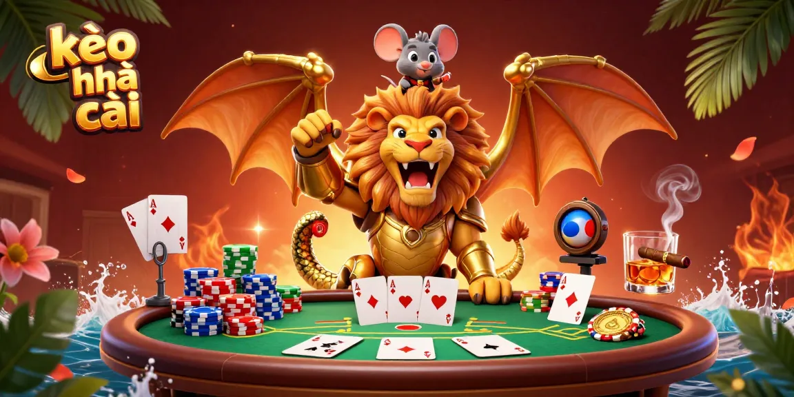 Experience the excitement of kèo nhà cái as golden-armored chimera roars triumphantly while a brave mouse jockey rides, surrounded by vibrant poker elements.