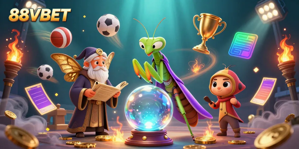 Experience the thrill of 88VBET with a fortune teller and librarian amidst dynamic sports betting elements.