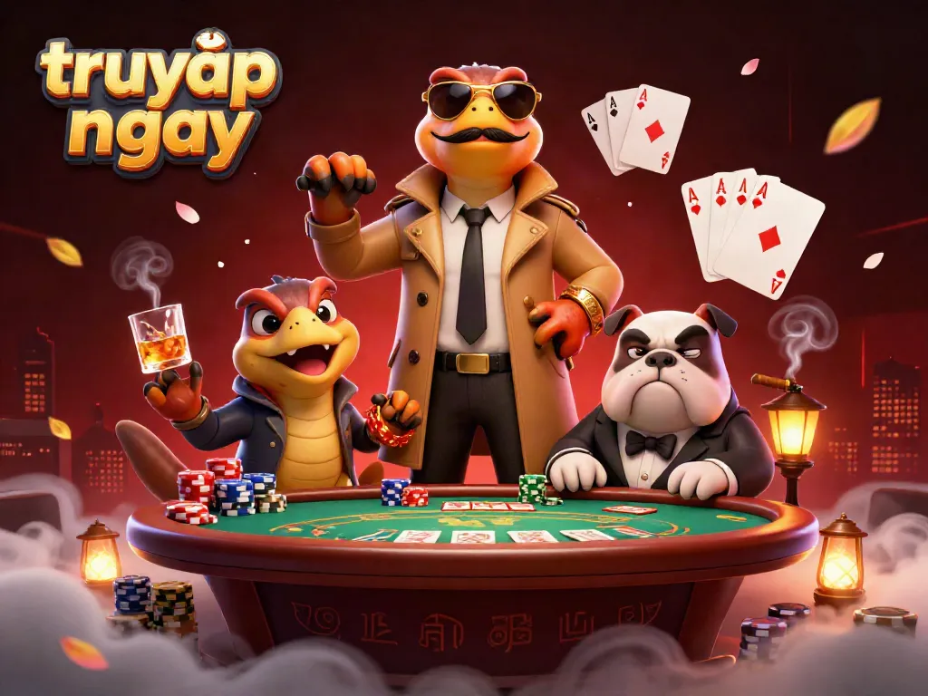 Experience the excitement of the casino scene in an illustrated style with "truy cập ngay" visible, showcasing high-stakes poker.