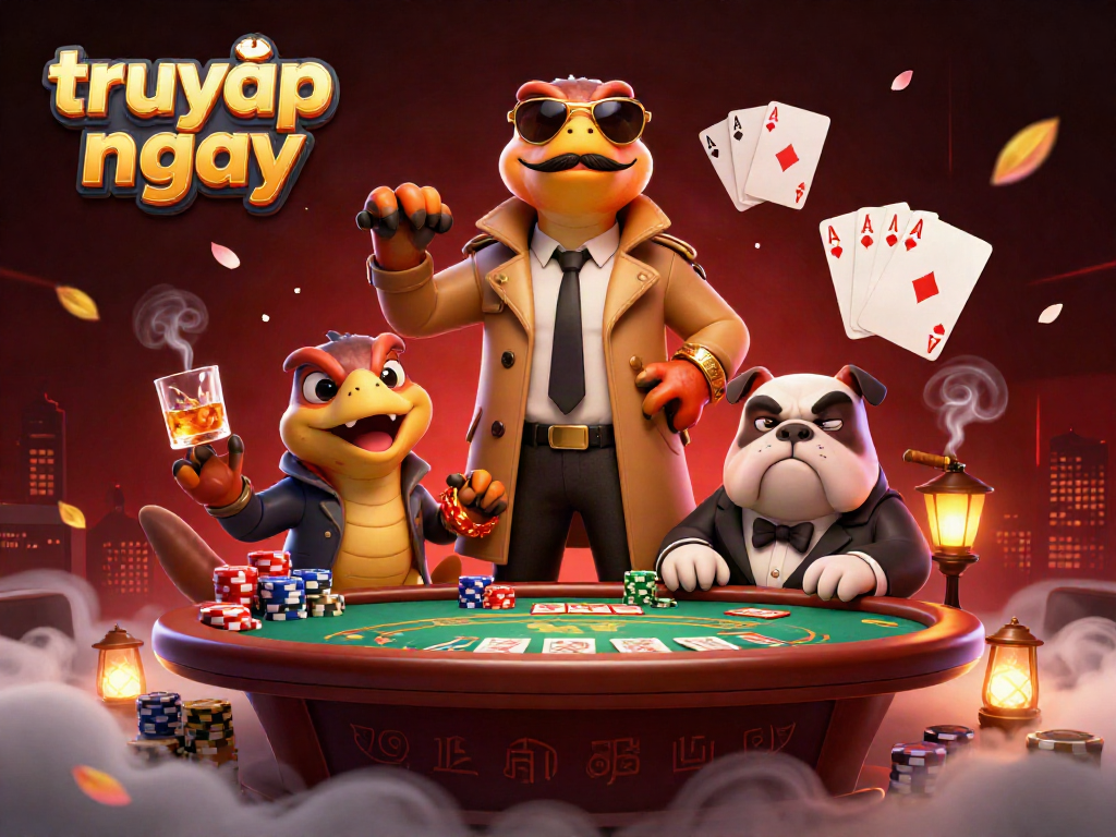 Experience the excitement of the casino scene in an illustrated style with "truy cập ngay" visible, showcasing high-stakes poker.