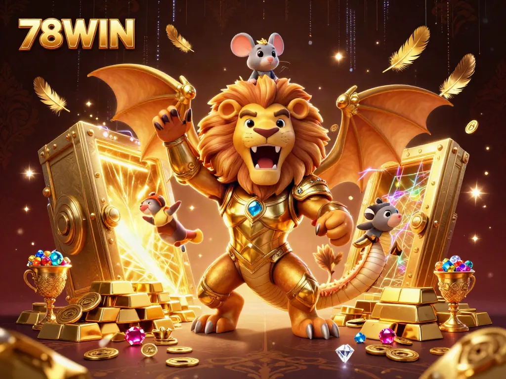 78WIN casino illustration featuring a roaring chimera and dazzling treasures for online gambling.