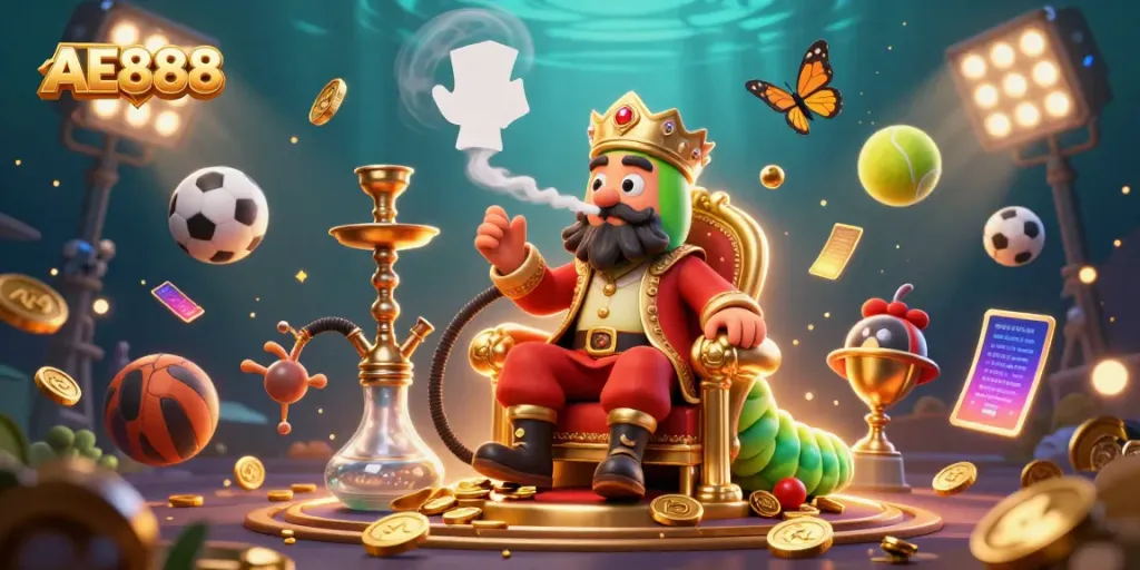 Experience the dynamic world of AE888 with vibrant visuals of a unique caterpillar and casino elements.
