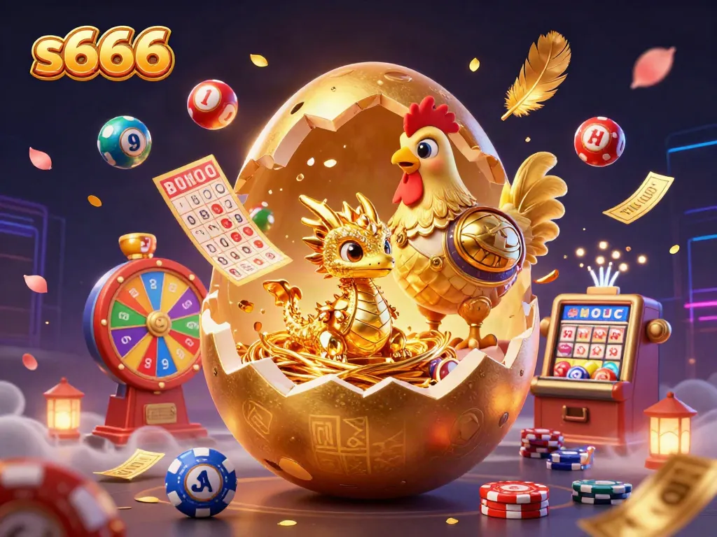 s666 showcases a vibrant casino scene with a golden dragon surrounded by lottery elements and colorful game symbols.