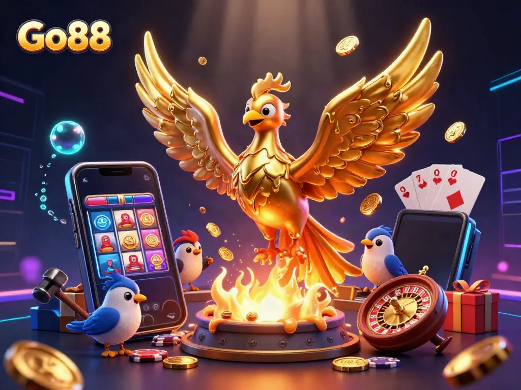 Experience thrilling gameplay with Go88's innovative 3D illustration showcasing a phoenix of gold amidst vibrant casino elements.