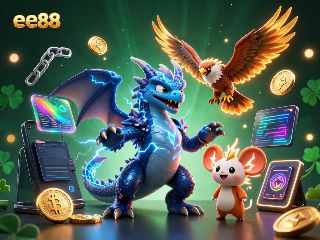 Experience thrilling gaming at ee88 with a dynamic 3D dragon, hawk, and lightning elements.