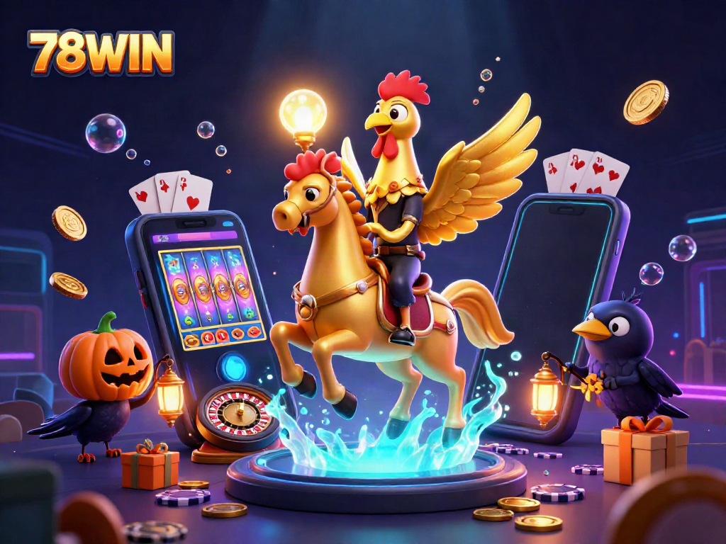 Experience the thrilling casino adventure with 78WIN featuring a golden rooster and spectral horse in a lively scene.
