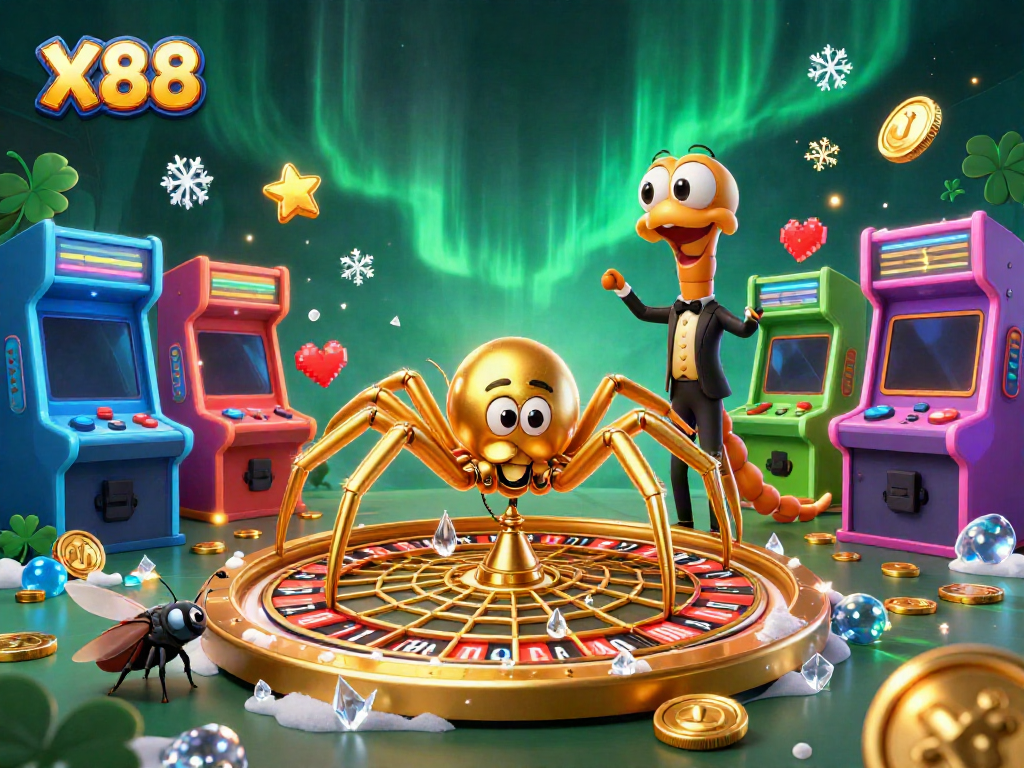 X88 offers exciting gameplay as a golden spider spins a roulette wheel web in a vibrant casino scene