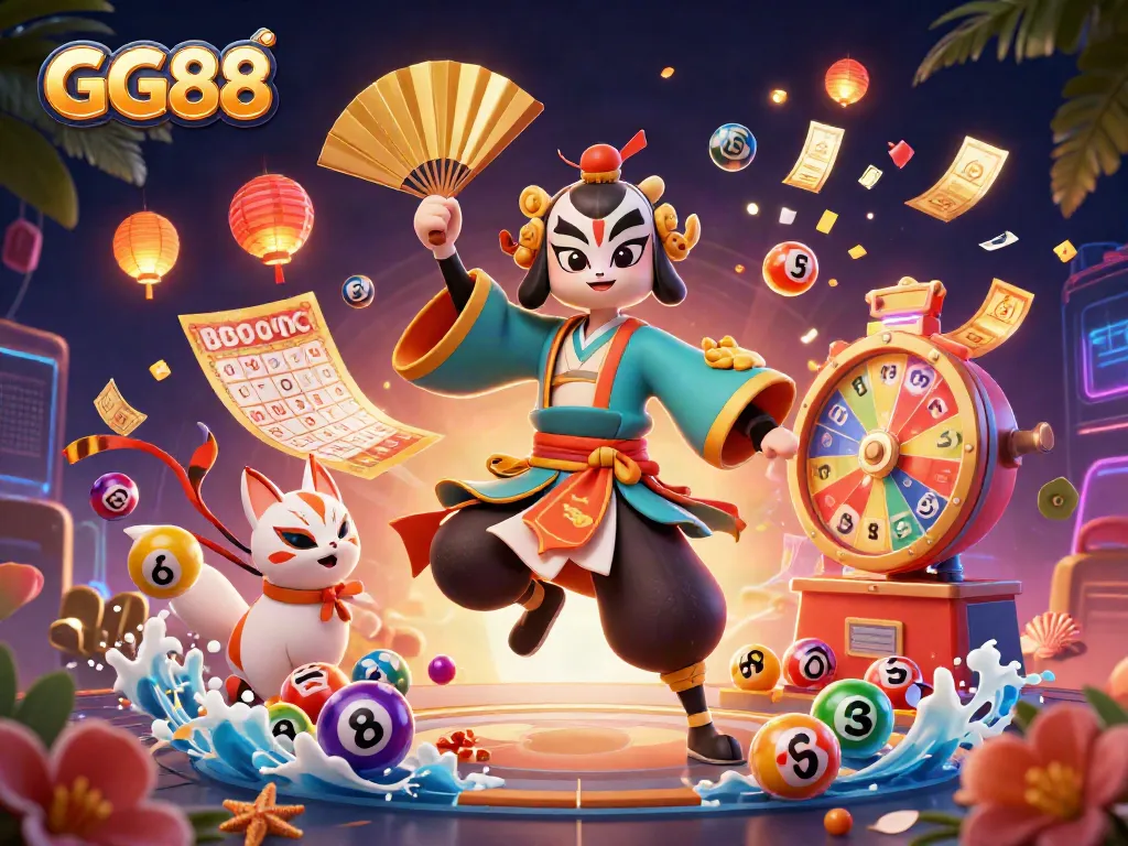 "Experience the excitement of GG88 with vibrant lottery balls and dynamic game elements in a rich casino atmosphere."