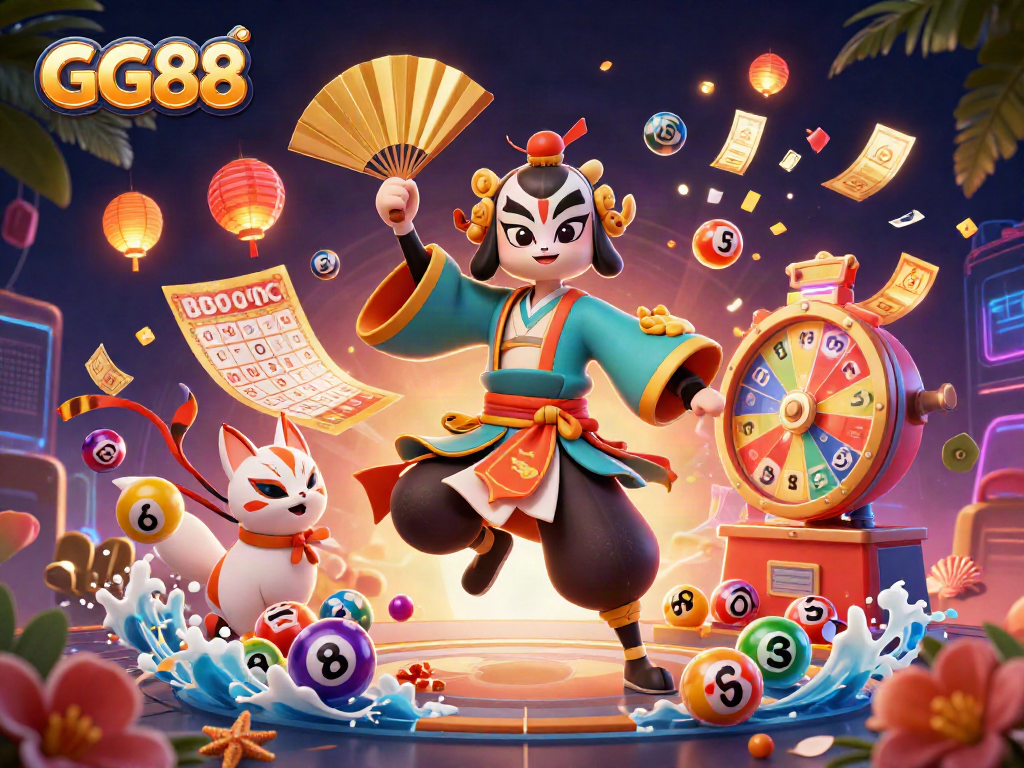 "Experience the excitement of GG88 with vibrant lottery balls and dynamic game elements in a rich casino atmosphere."