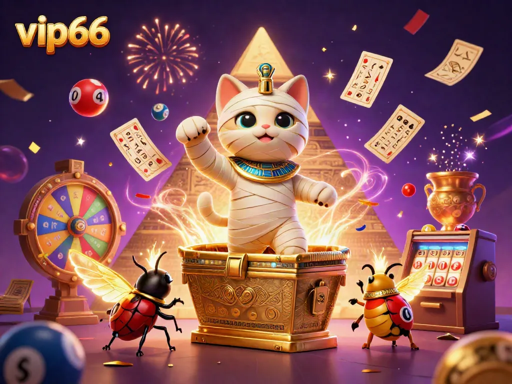 Experience the thrill of vip66 with a vibrant illustration showcasing a mummy cat, golden sarcophagus, and dynamic gambling elements.