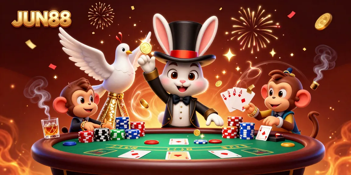 Experience magical wins with JUN88 in this vibrant casino illustration of a rabbit, dove, and monkey.