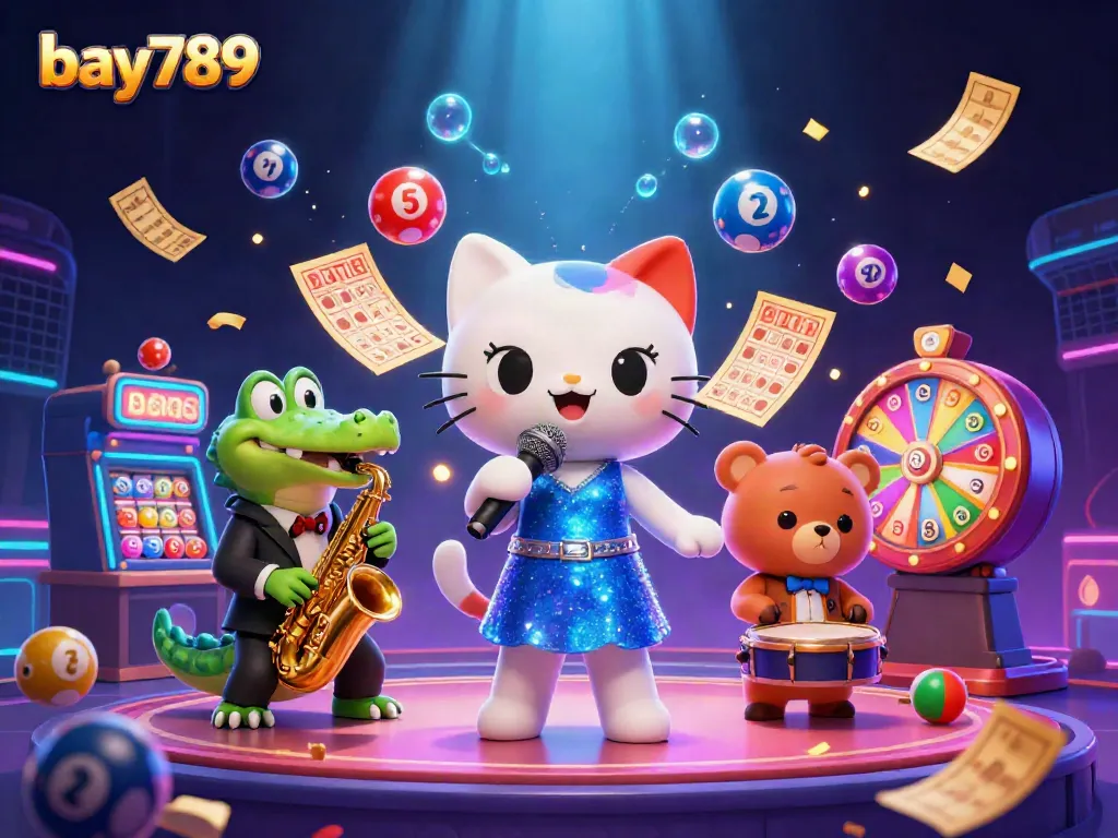 Engage in thrilling casino experiences at bay789 with a lively scene of a jazz-singer cat and animated characters.