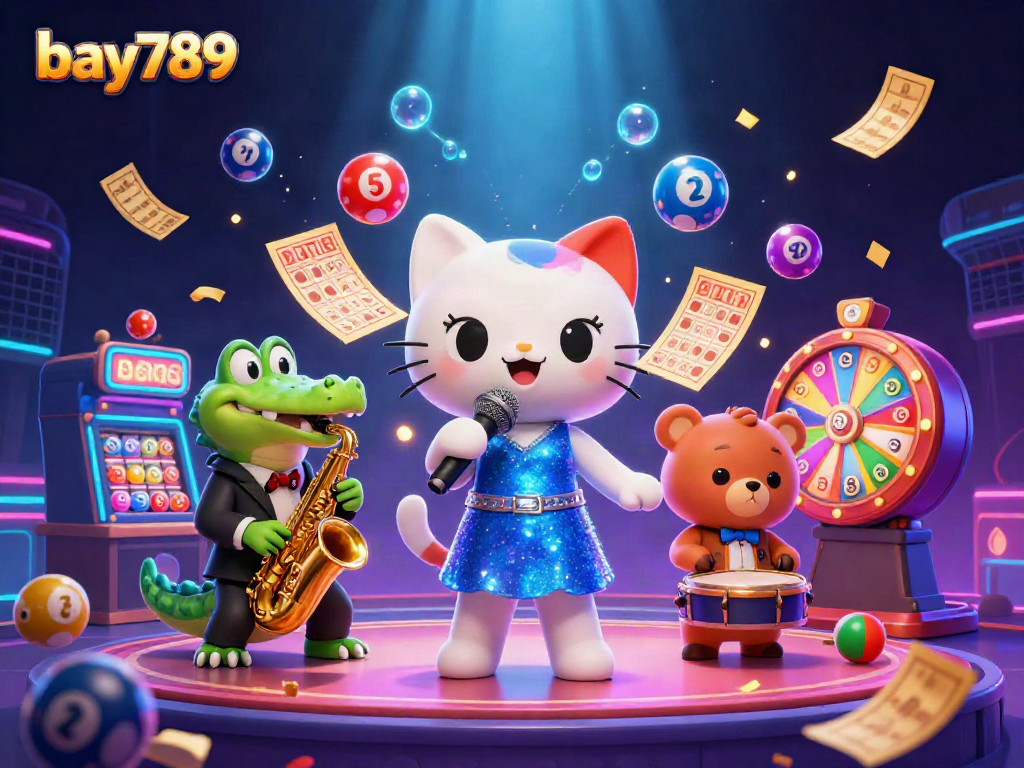 Engage in thrilling casino experiences at bay789 with a lively scene of a jazz-singer cat and animated characters.