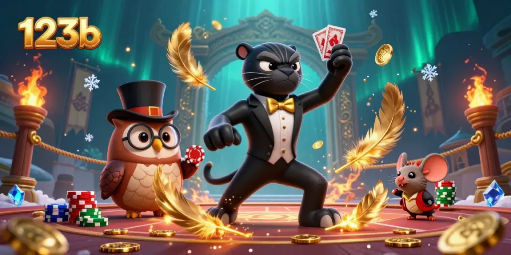 Experience thrilling gameplay with 123b as the stylish characters deal cards and hold poker chips in a vibrant casino setting.