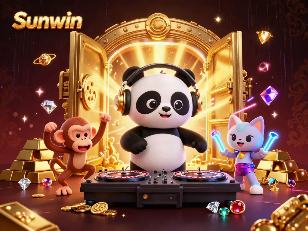 Spin the reels with Sunwin, where a DJ panda blends fun and excitement in a vibrant casino scene.