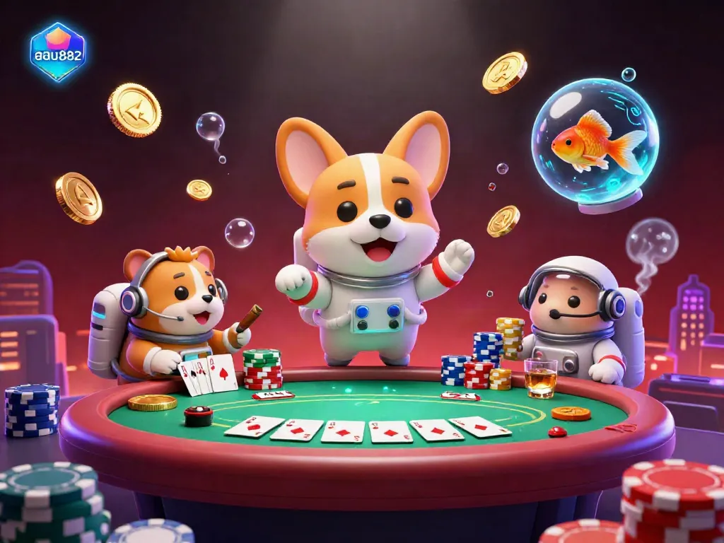 Experience thrilling 3D space casino action with aau882's floating characters, poker chips, and vibrant atmosphere.