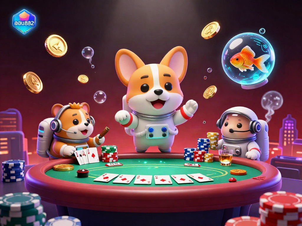Experience thrilling 3D space casino action with aau882's floating characters, poker chips, and vibrant atmosphere.