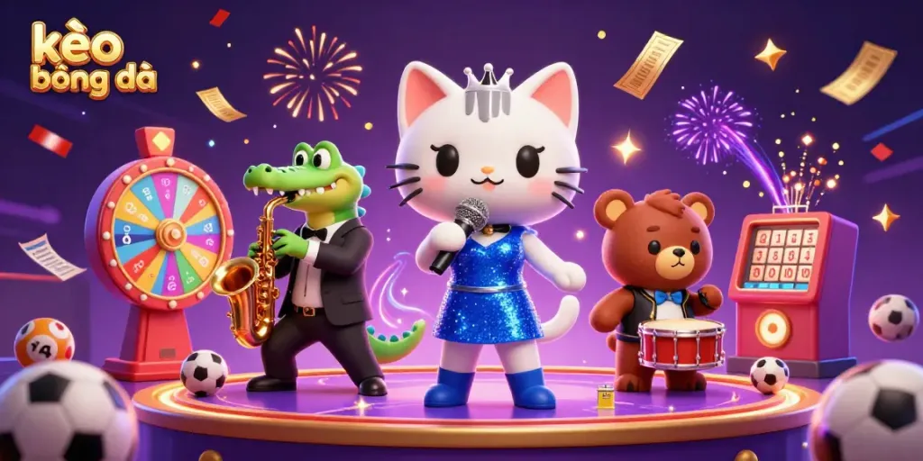 Engage with kèo bóng đá in an festive sports betting atmosphere featuring a lively cat, crocodile, and bear cub.
