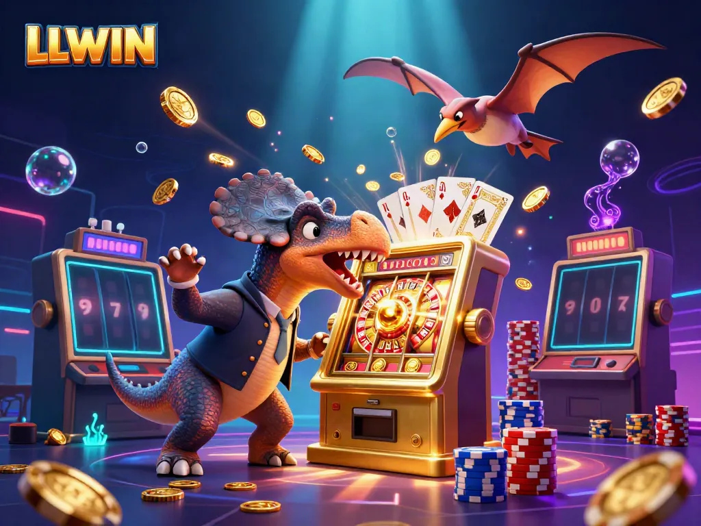 LLWIN players experiencing jackpots with vibrant 3D casino illustration, featuring characters and casino elements.