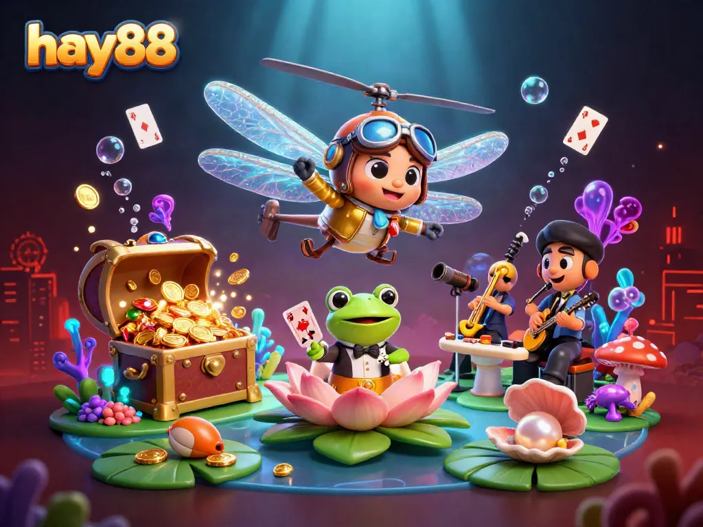 Experience the excitement of hay88 with a vibrant 3D casino scene of colorful characters and gaming elements.