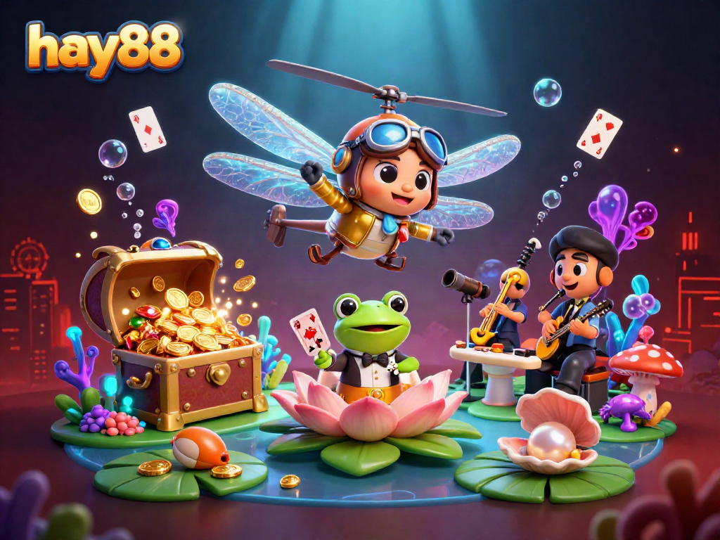 Experience the excitement of hay88 with a vibrant 3D casino scene of colorful characters and gaming elements.