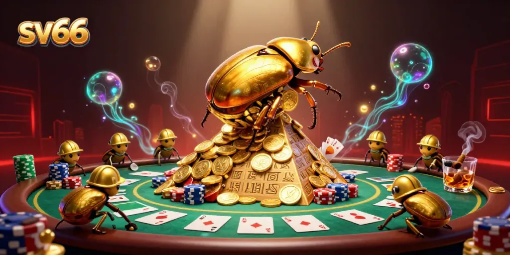 Engage with sv66, the golden beetle rolling coins up a pyramid while enjoying poker tables and chips.