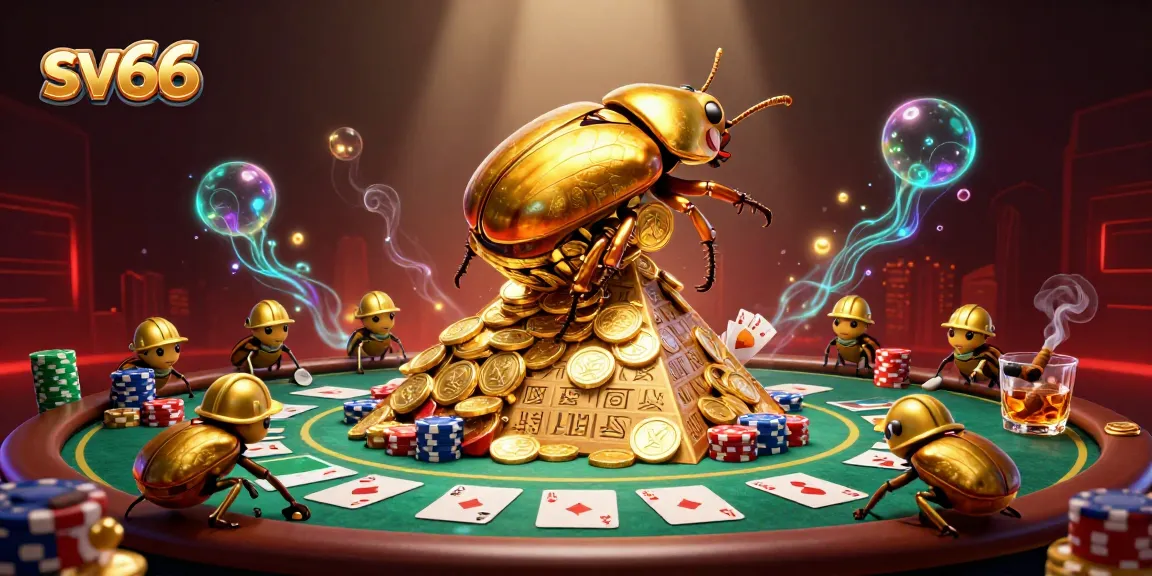 Engage with sv66, the golden beetle rolling coins up a pyramid while enjoying poker tables and chips.