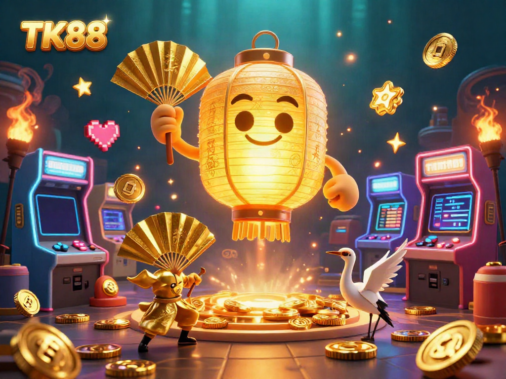 Experience thrilling gaming at TK88 with vibrant 3D elements and glowing spirits.