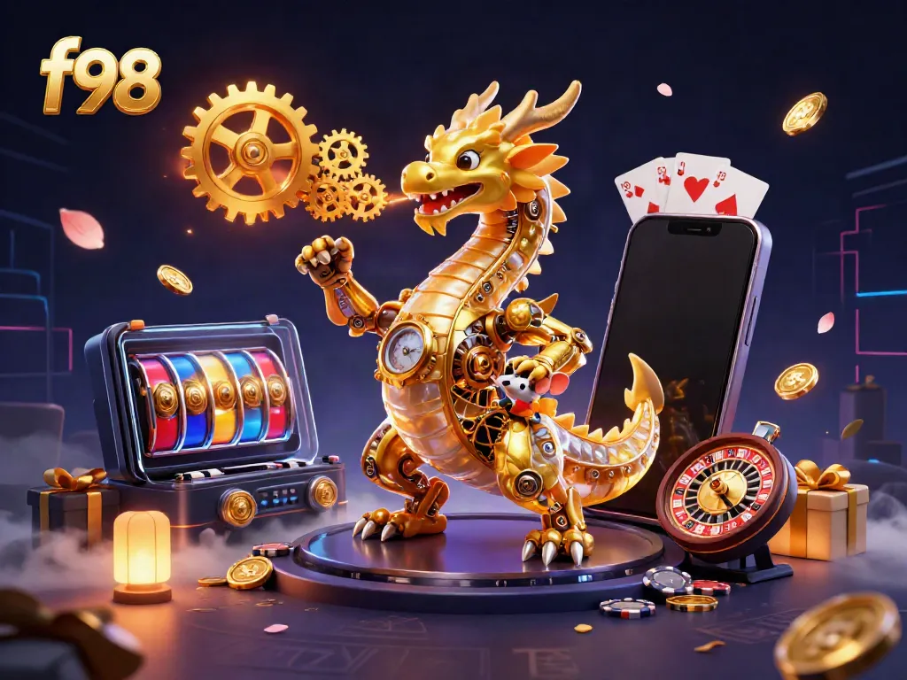 Experience thrilling gameplay with f98, featuring a golden dragon amidst vibrant slot gaming elements.