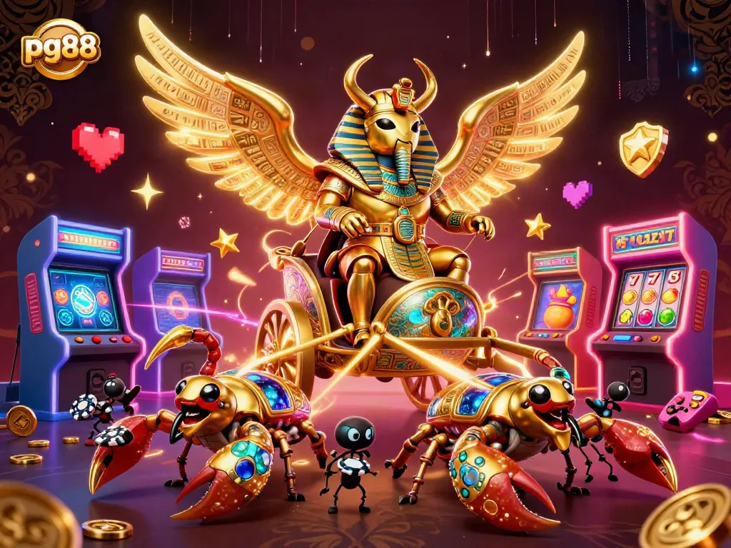 Engage with pg88 in a dynamic casino scene featuring a golden scarab and vibrant gaming elements.