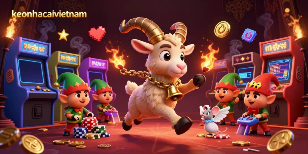 Experience the thrill of keonhacaivietnam's festive casino scene with cartoon characters amid brilliantly animated elements.