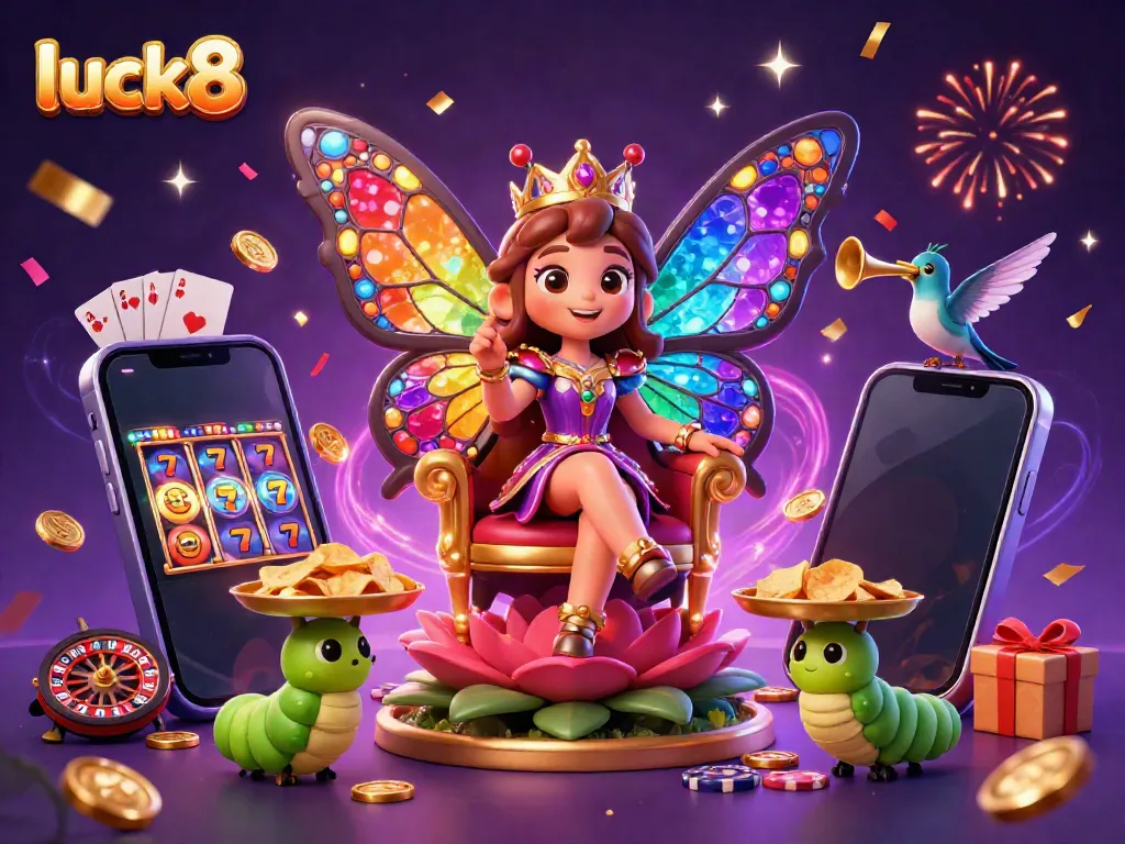 Engage with luck8's vibrant gaming scene featuring a butterfly queen, golden chips, and slot games.
