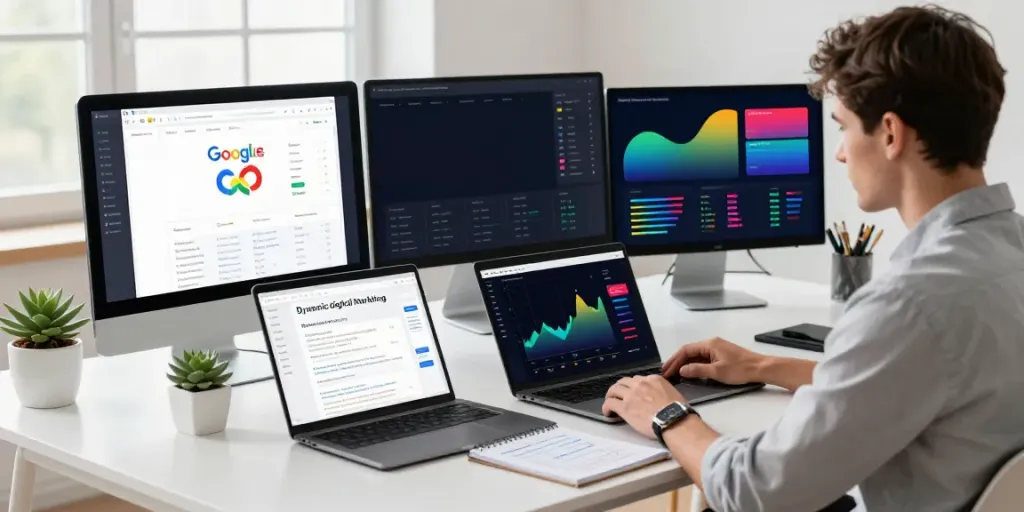 Professional at a digital marketing desk focusing on instant indexing strategies, multiple screens displaying SEO analytics.