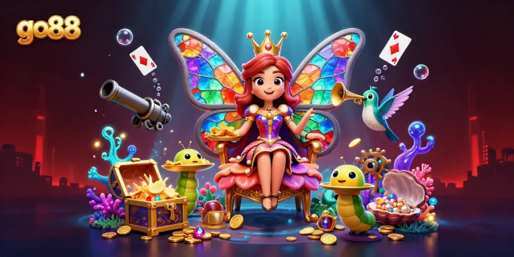 Experience go88's vibrant casino games with a 3D butterfly queen amid sparkling treasures and lively characters.