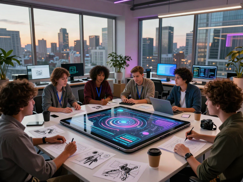 Collaboration around nsfw ai concepts in vibrant urban workspace with diverse creatives.