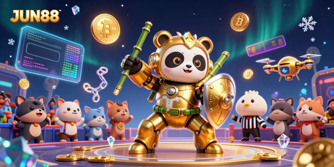 Experience exciting play at JUN88 with vibrant 3D casino characters and elements featuring crypto themes.