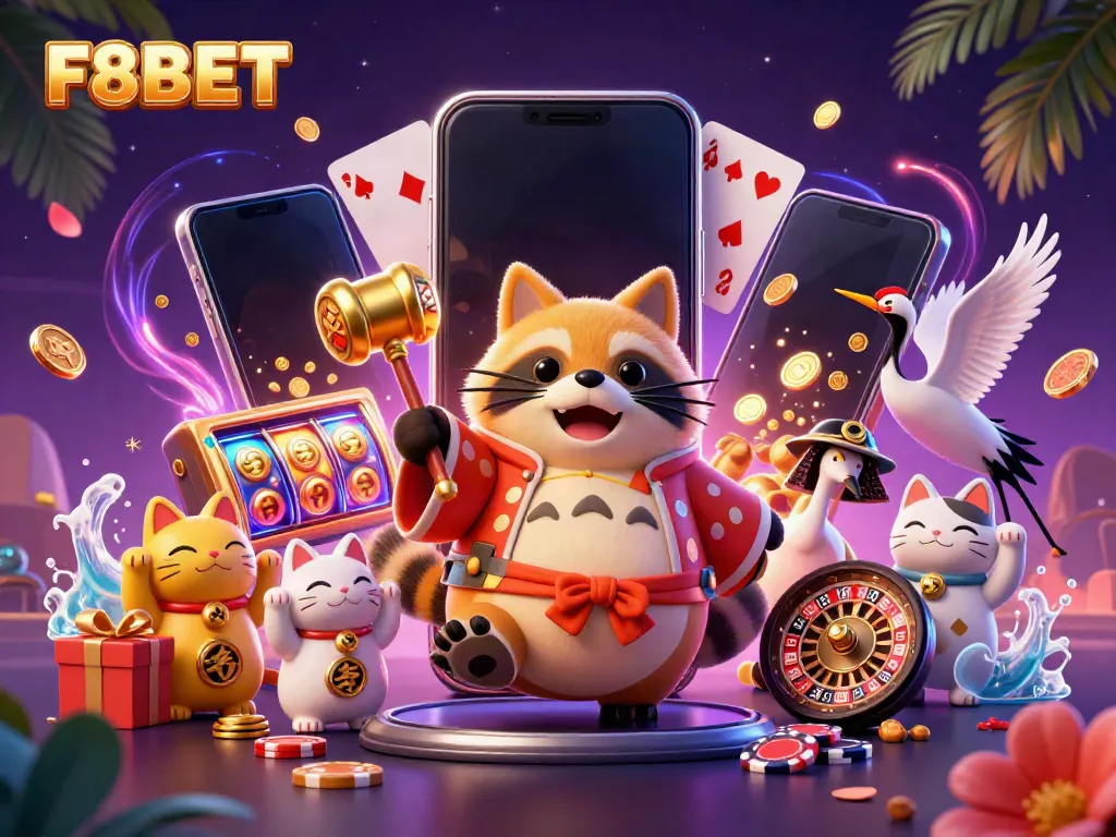 Engage with F8BET's vibrant online casino scene featuring lucky characters and exciting gaming elements.